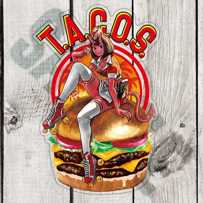 ●T.A.C.O.S.セット Junk Food #1 (バーガー) ステッカー ロゴ(ラウンド)ステッカー ( ) 合わせて約140mm×85mmです。