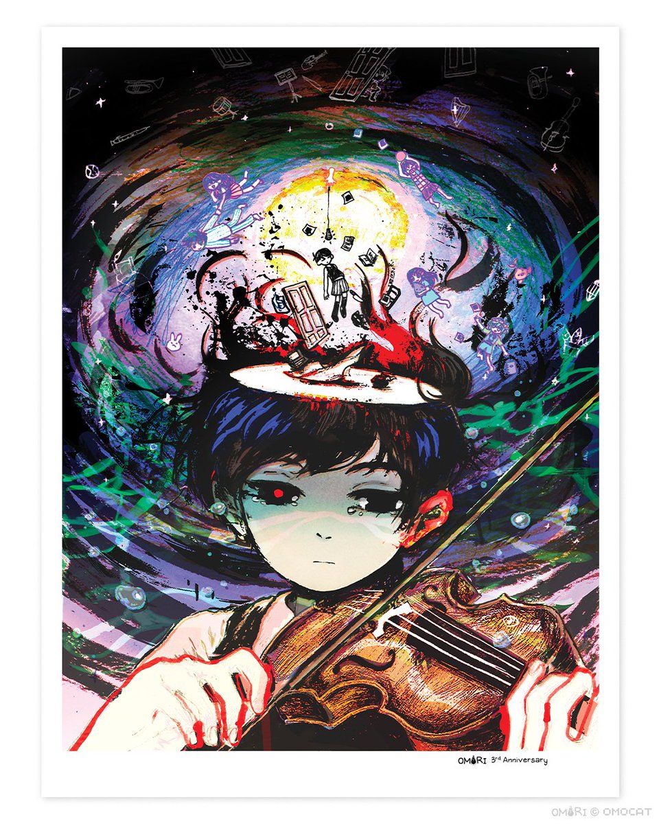 sunny (omori) violin instrument bow (music) black hair playing instrument holding instrument short hair  illustration images