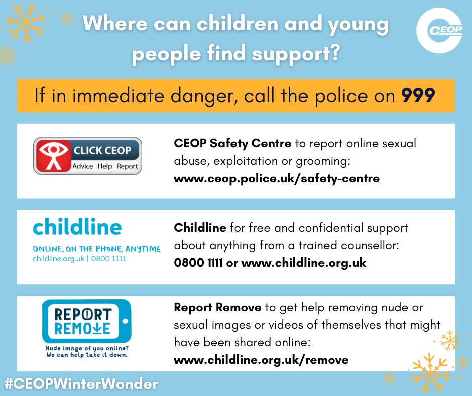 CEOPEducation's tweet photo. Remember, help and support remain available for children and young people, today and throughout the festive period. https://t.co/vQ9GfrYJvH