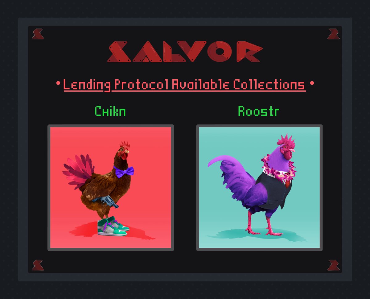 New additions to the Lending/Borrowing Protocol ✨

Users can now Lend/Borrow NFTs from <a href="/chikn_nft/">Chikn 🔺</a> and <a href="/RoostrNFT/">Roostr 🔺</a>
