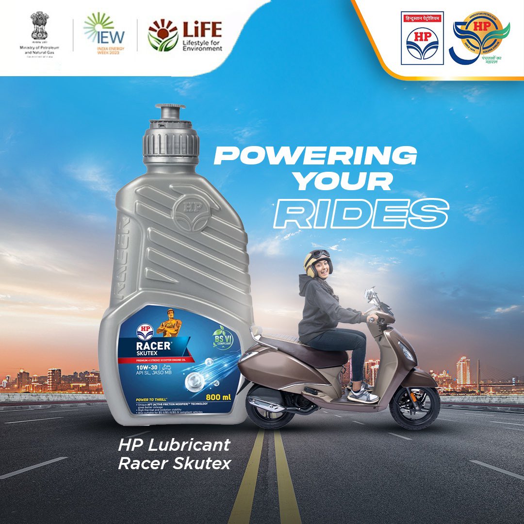 HPCL's tweet photo. Modern 4-stroke gearless scooters need modern lubricant solutions. HP Racer Skutex is a superior-grade Scooter Engine Oil to meet the requirements perfectly.
#EngineOilForScooters #SuperiorGrade #HPRacerSkutex #HPCL #DeliveringHappiness #HPTowardsGoldenHorizon https://t.co/4nVcC9v8KZ