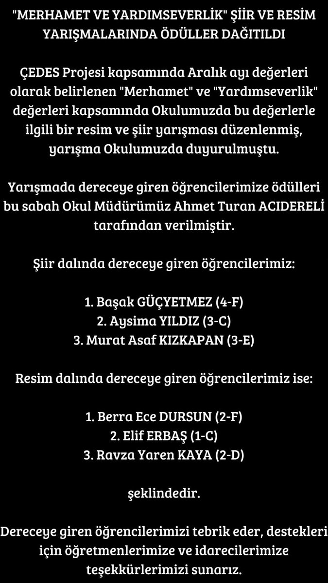 IlkokuluSeyh's tweet photo. Okulumuzda yapılan Merhamet ve Yardımseverlik konulu şiir ve resim yarışmasında ödüller sahiplerini buldu (Açıklama üçüncü resimde)
#sivasvaliliği #sivasmem #sivashedefprojesi #sivashedef #sivasmirasprojesi #miras
@sivasvaliligi
@sivasmem
@valisimsek
@necatiyener_ https://t.co/PocDYEvIUe