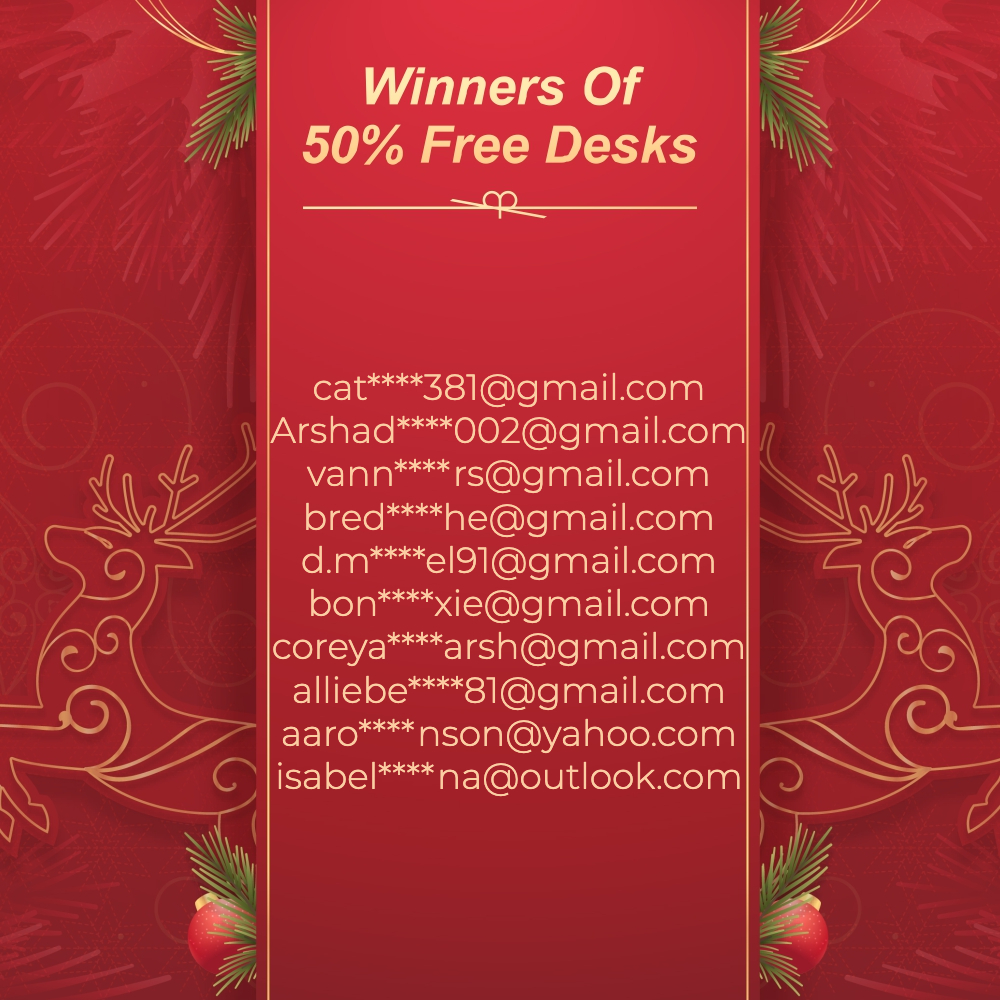 🙌Big ups to top 10 desk dashers who won 50% FREE Desks! And thank you all who participated. 
Next round set for 12/27 at 5pm EST so mark your calendars. 🗓Whether a winner or shopping our sites, aim for well-being this holiday season from FEZiBO. Christmas greetings to you all🎄