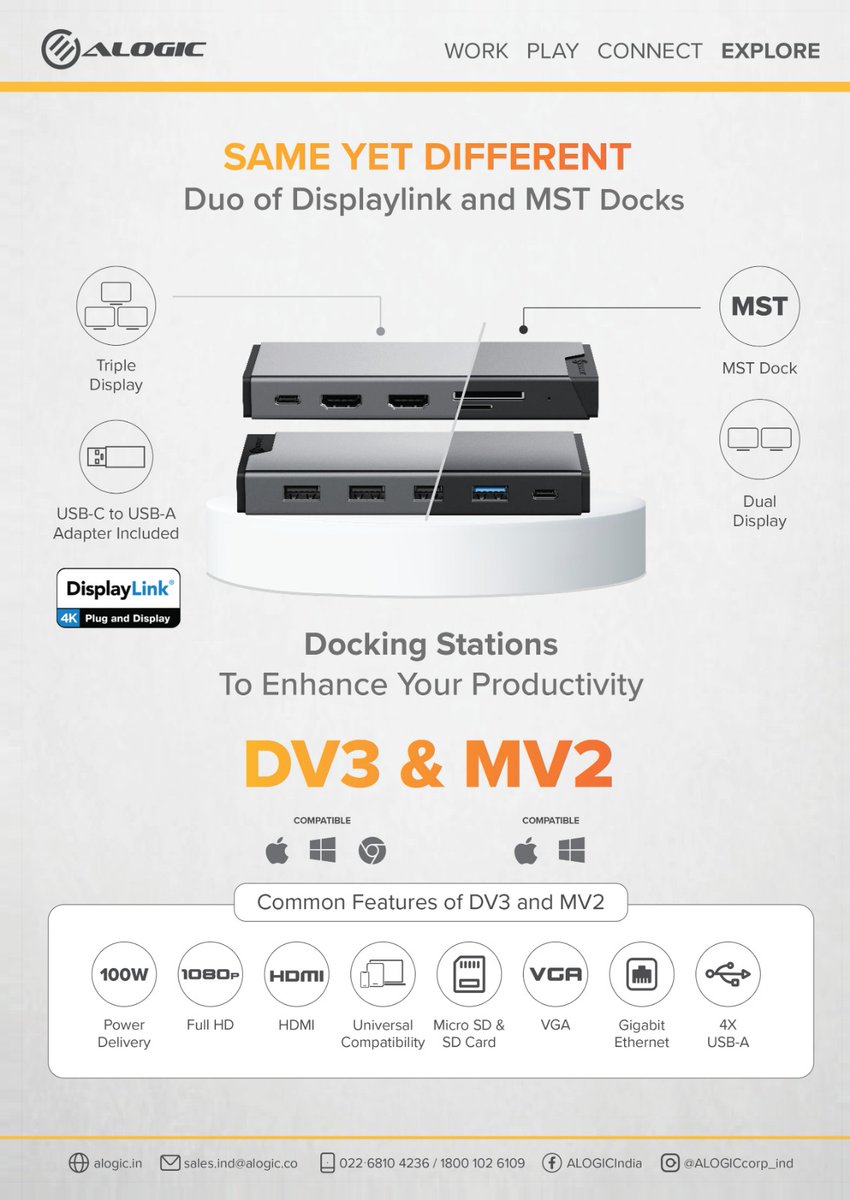 ncnmagazine's tweet image. ALOGIC presents Same Yet Different Duo of DisplayLink and MST Docking Stations – DV3 and MV2

Click here for details:
bit.ly/Alogic_in

@AlogicCorp #Alogic @ncnmagazine #ncnmagazine #ncnonline #NCN