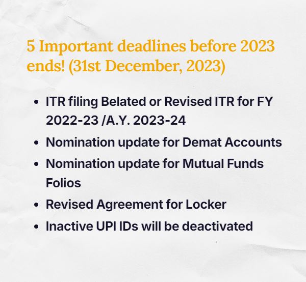 CAYogesh4u's tweet photo. 5 Important deadlines before 2023 ends!

⚡️ITR filing Belated or Revised ITR for FY 2022-23 /A.Y. 2023-24

ITR filing's last date for Financial Year 2022-23 (AY 2023-24) was July 31, 2023. However, you can still file a belated return before December 31, 2023.

After December 31, 2023, you can still file ITR using the Updated ITR facility but there are lots of Terms & Conditions attached.

⚡️Nomination update for Demat Accounts:

All current eligible trading and Demat account holders have been asked by #SEBI to submit their choice of nomination by December 31, otherwise, the trading and demat accounts will be frozen for debits.

⚡️Nomination update for Mutual Funds Folios:

If investors fail to nominate their holdings by the December 31 deadline, SEBI may freeze debits from their accounts. This implies that they will be unable to withdraw funds from mutual funds.

⚡️Revised Agreement for Locker with the banks:

The deadline for renewal of locker agreements between customers and banks also ends in December. The @RBI had at the beginning of this year extended the deadline for renewal of locker agreements between customers and banks till December 31, 2023.

⚡️Inactive UPI IDs will be deactivated:
As per @NPCI_NPCI  guidelines,  inactive unified payments interface (UPI) IDs and associated UPI numbers will be deactivated by December 31, 2023. In other words, users will have to activate their UPI ID else all banks, and third-party apps giving the UPI facility will deactivate or shut down such IDs after December  31, 2023.