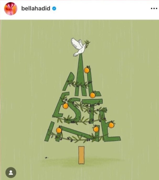 YosephHaddad's tweet photo. When Bella Hadid posts a picture of a Christmas tree spelling out the word "Palestine" in sympathy with the residents of Gaza, does she know that Christians in Gaza are exterminated and disappearing, suffering discrimination and persecution under Hamas’ rule? 
Out of thousands of Palestinians, there are only a few hundred Christians… But Bella Hadid has no idea, the main thing is that she talks about Israel and tries to incite the Christians in the world as well... On the other hand, Christianity in Gaza and the West Bank is disappearing under Palestinian rule, but in Israel, the Christian community is thriving, growing, and reaching achievements...