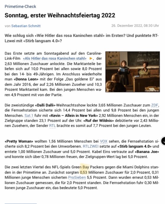 Lippo_kratis's tweet photo. Woche 16 aka Weihnachten von und mit #rtlnfl gaben sich 610k (spät in der Nacht???)
In 2022 am 1. Weihnachtsfeiertag (!) waren es 530k (vielleicht auch da mehr in der Nacht) https://t.co/bctK77gpBJ