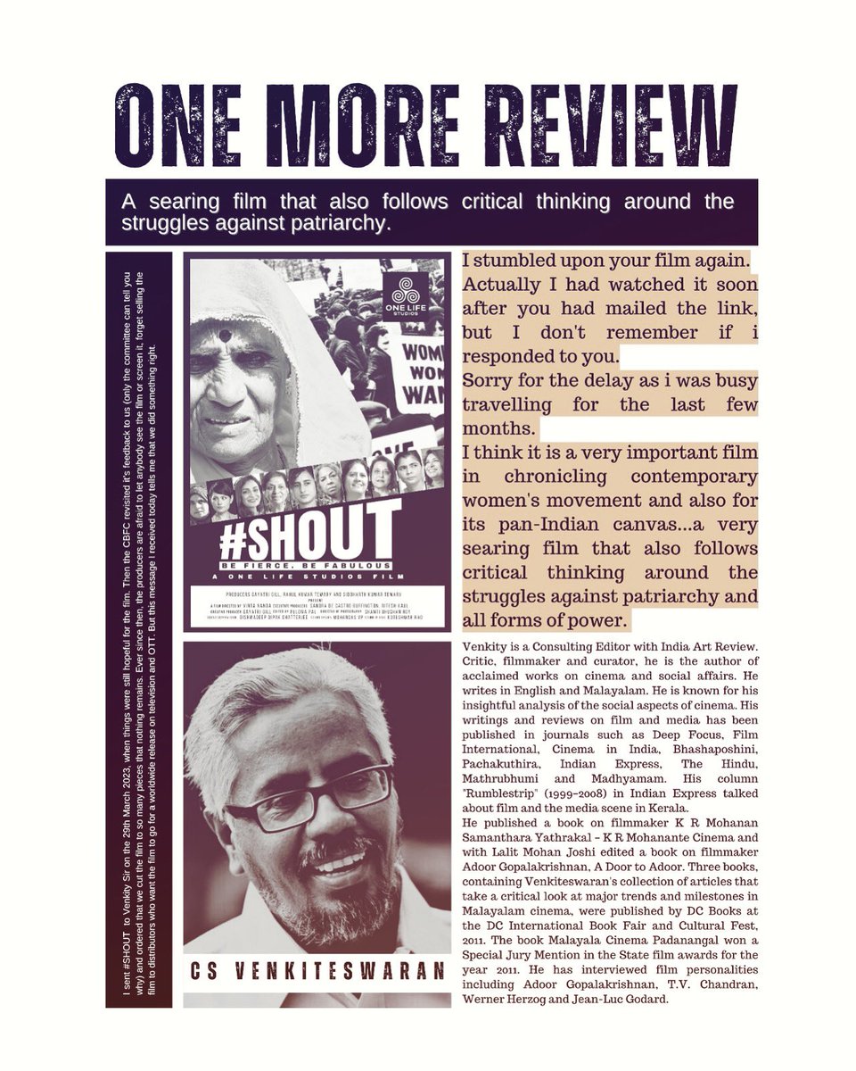 shout_thefilm's tweet image. Congratulations and hoping that this film will travel! #CSV 

#CSVenkateswaran #shout #shoutthefilm #documentary #womenempowerment #smashpatriarchy #patriarchy #vintananda