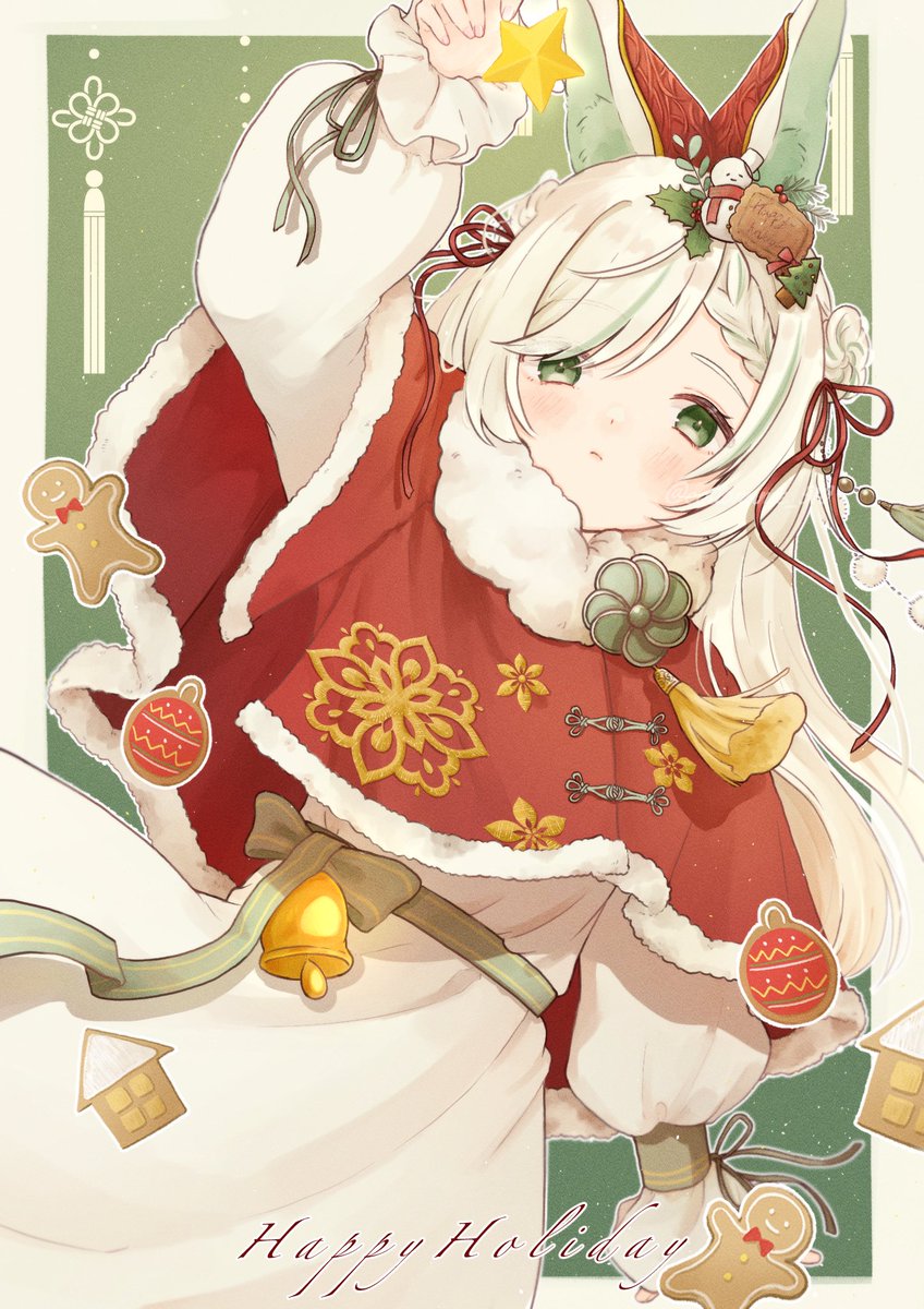 1girl solo green eyes animal ears christmas dress long hair  illustration images