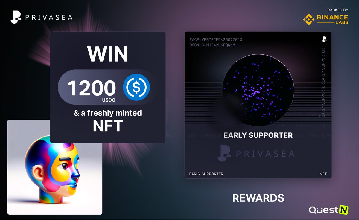 TieuSuPhu_2021's tweet photo. 💲Privasea - 1200 USDC + Early Supporter NFT Airdrop!
🎱  120 người tham gia may mắn sẽ giành được 10$ mỗi người 

Ngoài ra, mọi Người hỗ trợ sớm sẽ nhận được NFT dành cho người hỗ trợ sớm của Privasea và trở thành một phần của Chương trình phần thưởng cộng đồng của chúng tôi ✨(NFT này không thể chuyển nhượng được)

Tham gia ngay trên questn 👇👇👇