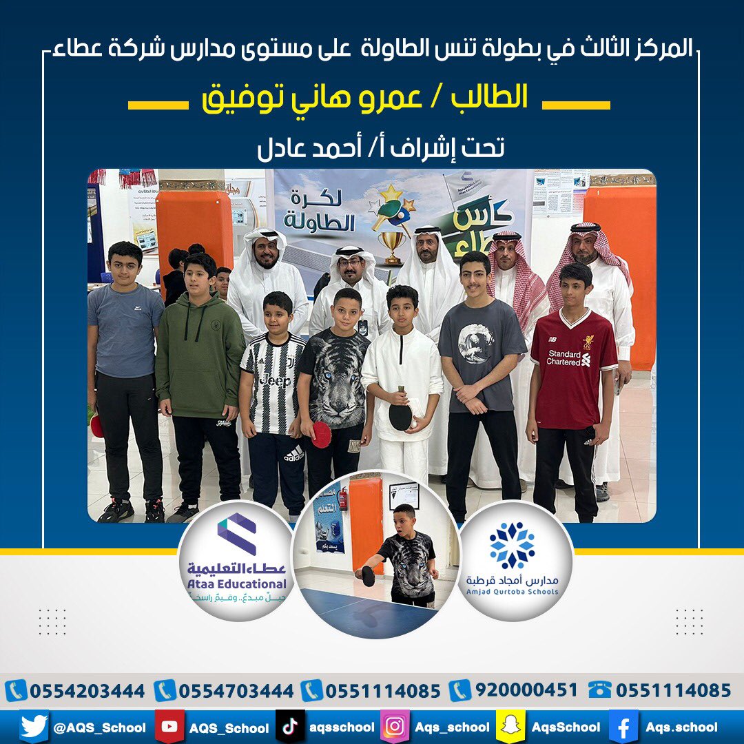 QurtobaAmjad's tweet photo. 😍 إنجاز جديد بمدارس أمجاد قرطبة ( القسم الدولي بنين ) 👇
حصول مدارس أمجاد قرطبة القسم الدولي بنين 😍 على المركز الثالث في بطولة تنس الطاولة ( على مستوى مدارس شركة عطاء )  💪💪

الطالب / عمرو هاني
تحت إشراف أ/ أحمد عادل
@ataaeduco https://t.co/sSuR0FUwzr