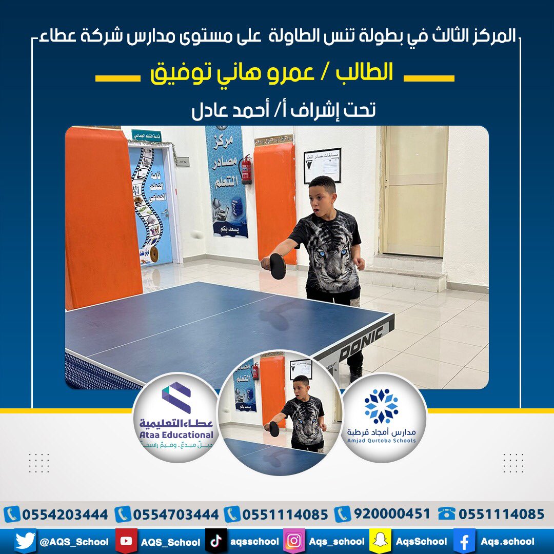 QurtobaAmjad's tweet photo. 😍 إنجاز جديد بمدارس أمجاد قرطبة ( القسم الدولي بنين ) 👇
حصول مدارس أمجاد قرطبة القسم الدولي بنين 😍 على المركز الثالث في بطولة تنس الطاولة ( على مستوى مدارس شركة عطاء )  💪💪

الطالب / عمرو هاني
تحت إشراف أ/ أحمد عادل
@ataaeduco https://t.co/sSuR0FUwzr