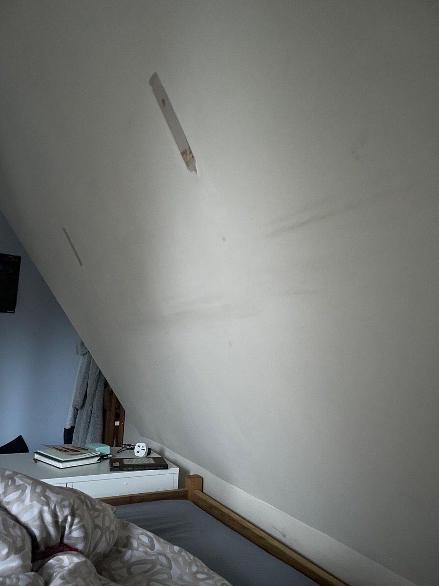 WallerInTheWild's tweet photo. Comfortable night in separate singles in the kids’ room while my dad has our bed - but I’ve spent Christmas morning questioning why we’ve never painted over this patch. Don’t forget to donate! #duvetknowitschristmas https://t.co/M5L164ne4X