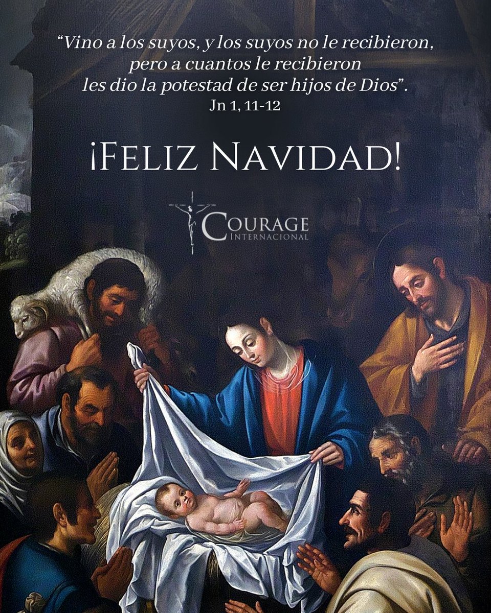 CourageEspanol's tweet photo. Dios se hizo hombre, como nosotros, elevando así nuestra humanidad para que seamos como Él en Él.
Gracias por acompañarnos durante este año de servicio y entrega en el apostolado Courage Internacional. Nos encomendamos a sus oraciones y les ofrecemos las nuestras.
¡Feliz Navidad! https://t.co/NZFRsyVXnf