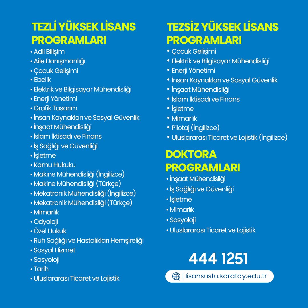 Bahar dönemi yüksek lisans ve doktora programlarına başvurular başladı❗

🔸 Tezli Yüksek Lisans

🔸 Tezsiz Yüksek Lisans

🔸 Doktora

Ayrıntılı bilgi ve başvuru için

👇

lisansustu.karatay.edu.tr