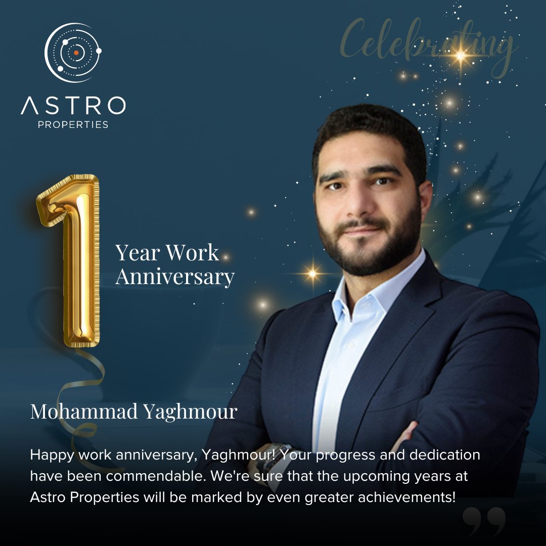 🎉 Astro Work Anniversary🌟

Congratulations Yaghmour, on your 1-Year Work Anniversary.

#AstroAnniversaries #AstroPride #congratulations #TeamAstro #dubaibrokers
