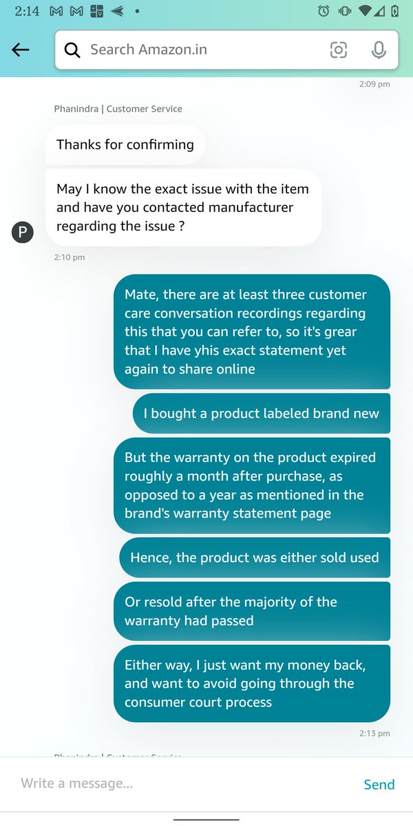 izerpermanente's tweet photo. WOW!I just had a whole conversation with @AmazonHelp @amazonIN on their app, and the only proof remaining is the couple screenshots I took before they CLEARED IT ALL. ANY MORE PROOF OF FRAUDULENT CONDUCT NEEDED? @JaagoGrahak @jaagograhakjago @DARPG_GoI @darpgseva @CTATech https://t.co/rSjZku08Y2