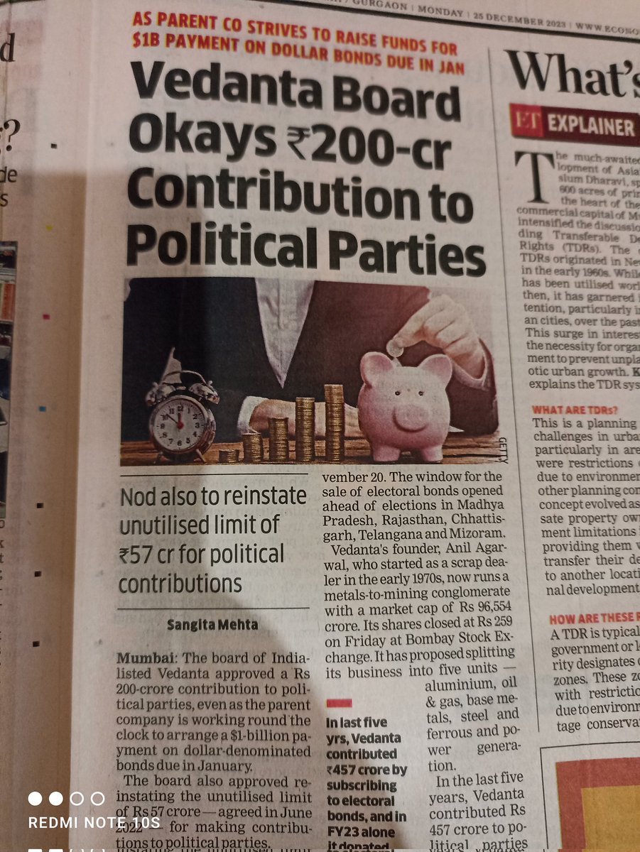 Vedanta's parent is struggling with high debt but they're fine to pay 200 crores worth of donation to political parties.
Mey be political donations will help them reap more benefits than this 200 crores.