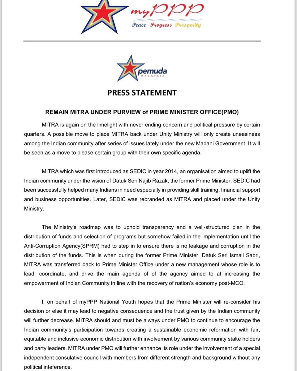 pemudamyppp's tweet photo. PRESS STATEMENT - myPPP N Youth (MITRA)

#myppp #mypppyouth #pemudamyppp #mitra https://t.co/eZ9hPyFrJ5