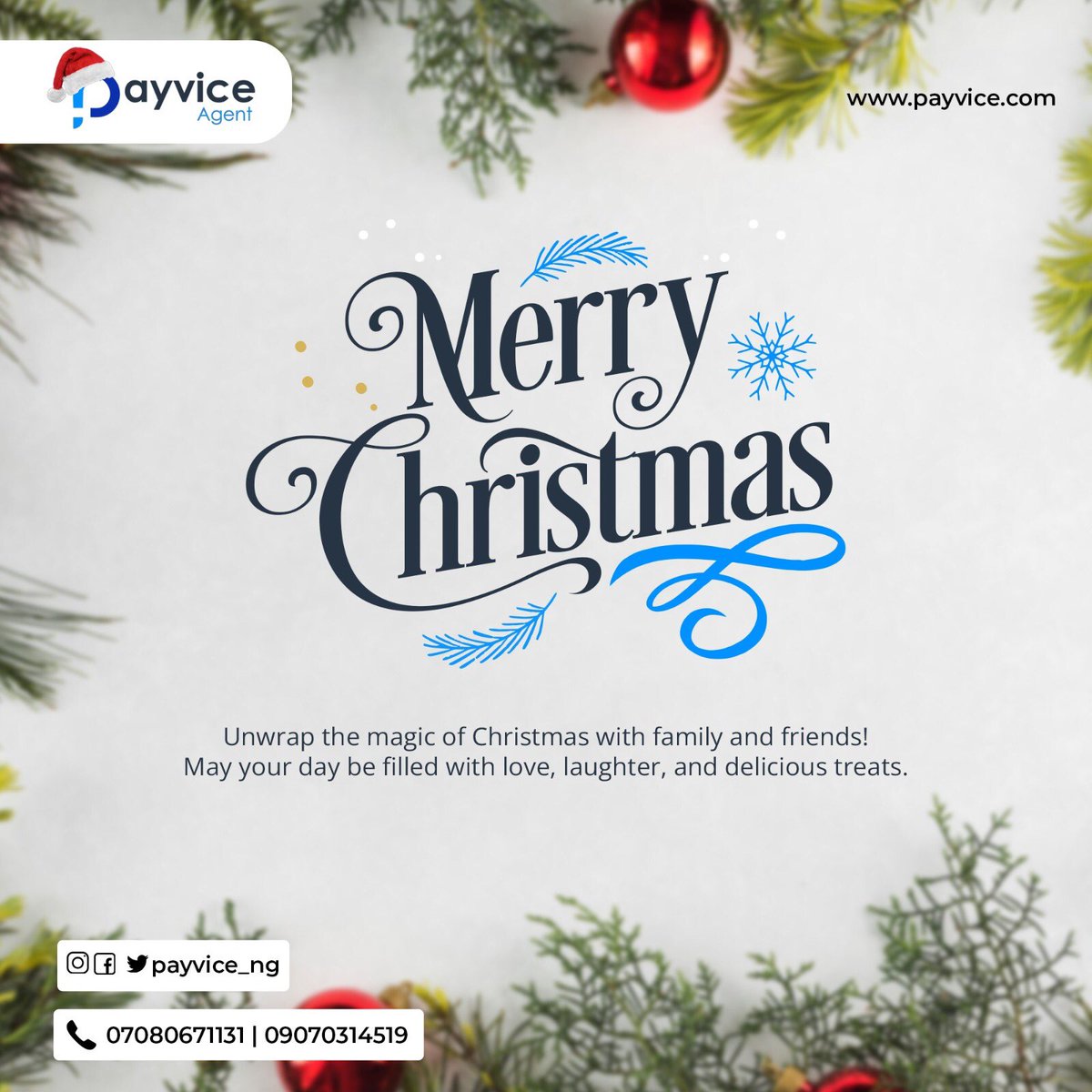 payvice_ng's tweet photo. This Christmas, we wish you endless joy, happiness, laughter.
Merry Christmas from us to our payvice padi
#merrychristmas2023
#december25
#seasonsgreetings
#yuletide
#payvice
#payvicepadi
#Agentbanking https://t.co/ltd3soJj4e