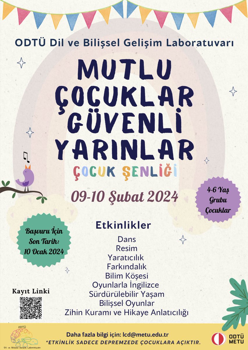 ODTÜ Dil ve Bilişsel Gelişim Laboratuvarı olarak depremzede çocuklar için 09-10 Şubat 2024 tarihlerinde düzenleyeceğimiz çocuk şenliği için detaylı bilgelere ve katılım formuna bu linkten erişebilirsiniz: langcog.metu.edu.tr/en/odtu-dil-ve… <a href="/duyguoezge/">duygu özge</a>