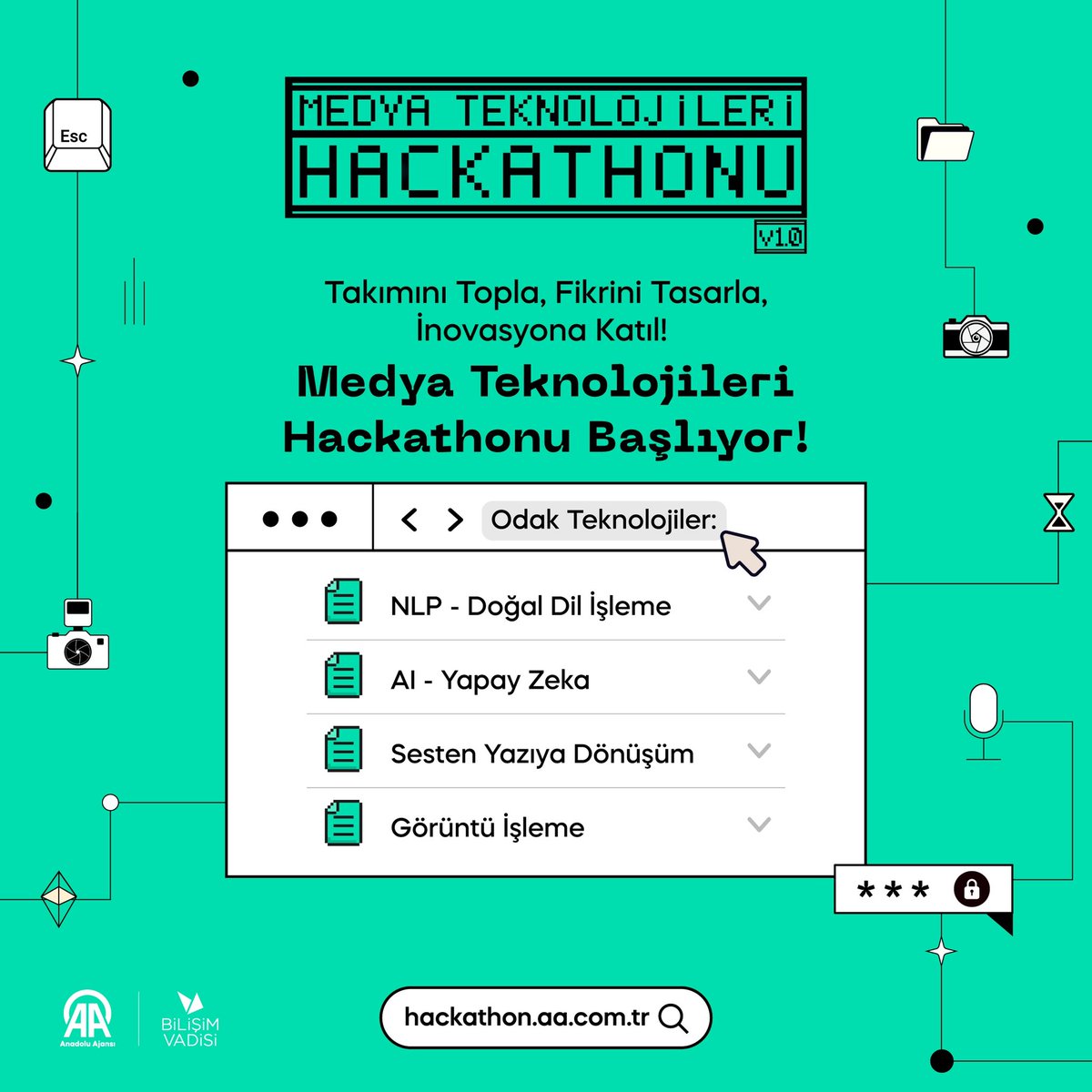 Ses, görüntü, veri...  Medya Teknolojileri dünyasını şekillendirmeye hazır mısınız? 🌐

AA Medya Teknolojileri Hackathonu'na katılın ve NLP, AI, Sesten Yazıya Dönüşüm ve Görüntü İşleme alanlarında potansiyelinizi keşfedin! 🚀💻 
   
Detaylar için tıklayın: hackathon.aa.com.tr