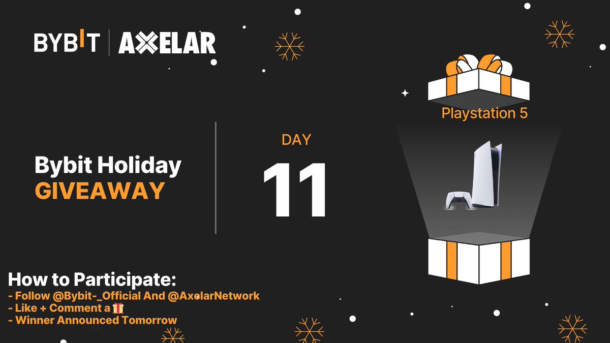 Merry Christmas everyone! Who's ready for the ultimate Christmas gift? You have a chance to take home a #PS5 All you have to do: 1. Follow @Bybit_Official and @axelarnetwork 2. Like + Comment a Gift box 🎁 3. Tag 3 friends See you tomorrow!