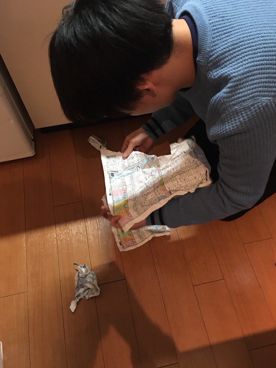 有馬記念で惨敗した同居人が腹いせに競馬新聞をビリビリに破いた後、負けた分を取り返さなくてはいけないことに気づき、バラバラになった新聞を必死に繋ぎ合わせ次のレースの情報を取得していた