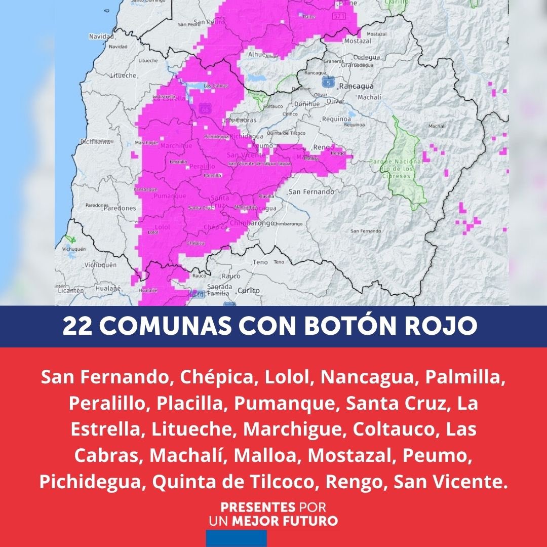 DPROhiggins's tweet photo. 🔴 #URGENTE: Informamos a la comunidad que hoy 22 comunas se encuentran en botón rojo debido a altas temperaturas. Colaboremos evitando tirar basura o materiales inflamables en caminos y carreteras. Juntos podemos mantener la seguridad. #Prevención #IncendiosForestales 🔥 https://t.co/Wk5jyaeJBE