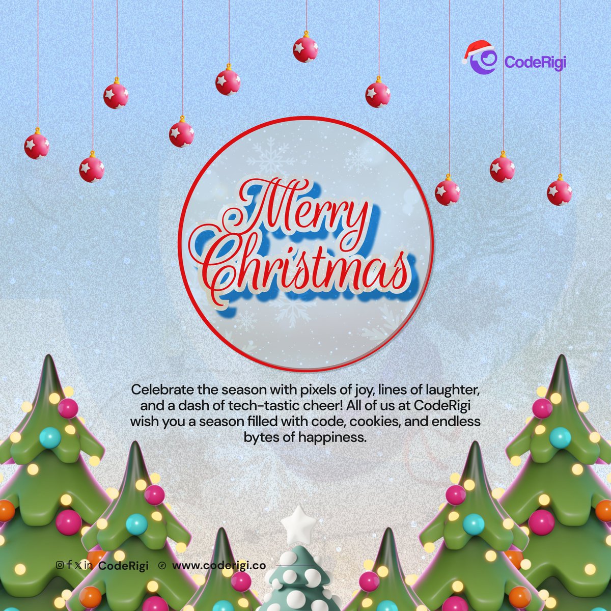 coderigi_'s tweet image. Merry Christmas!

Celebrate the season with pixels of joy, lines of laughter, and a dash of tech-tastic cheer!

All of us at CodeRigi wish you a season filled with code, cookies, and endless bytes of happiness.

#merrychristmas #seasonsgreetings #CodeRigi #tech