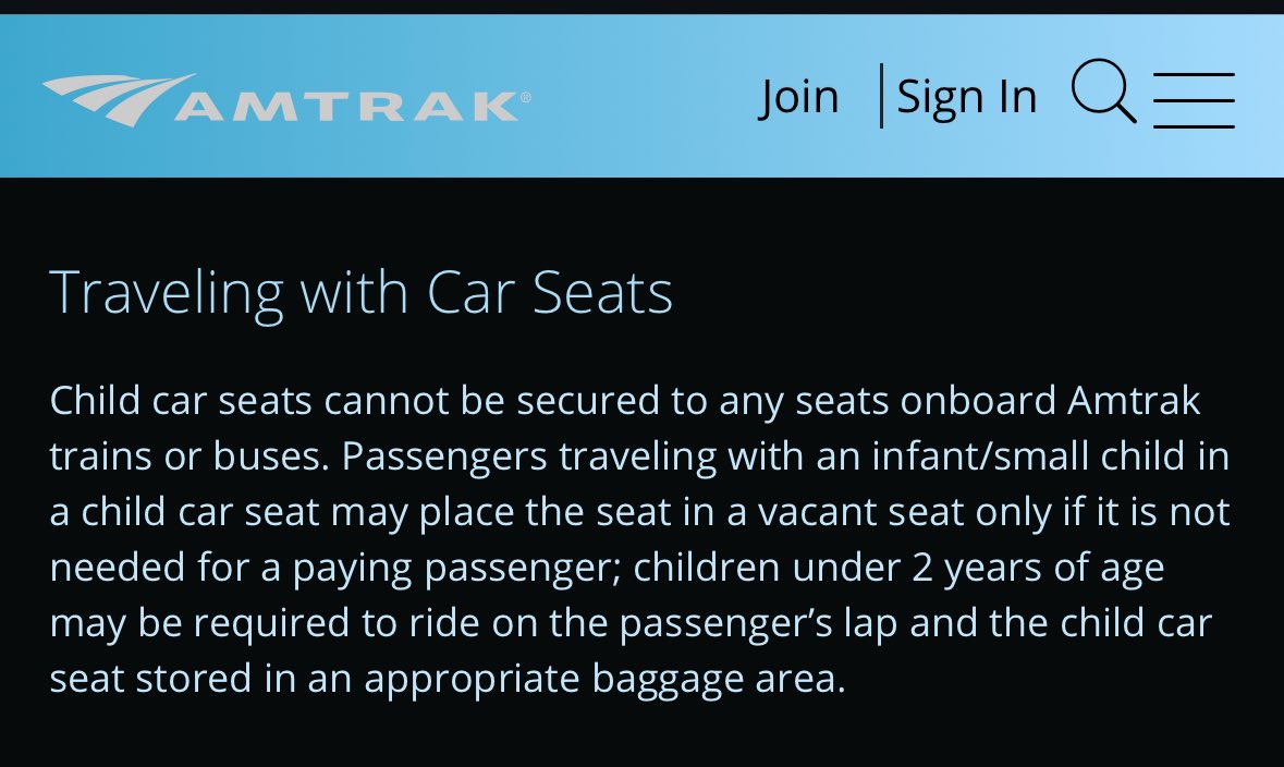 nateliason's tweet image. First time I’m running into a business being really unnecessarily rude to people with young kids. 

We’re taking an @Amtrak train and their site says that if you have an infant, you can have them in their car seat in an empty seat if it’s not needed by another passenger.

Our…