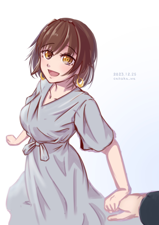 furutaka (kancolle) 1girl short hair brown hair dress one-hour drawing challenge grey dress white background  illustration images