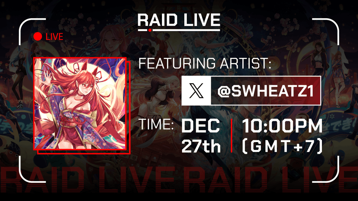 raidxyz's tweet photo. 🚀 Get ready for the thrill! Our second live broadcast is coming!🎥

📅 Time: Dec27th 10:00pm(GMT+7)
🎨 Featured Artist: @SWHEATZ1 

Experience the magic of low-latency live streaming, powered by  @Livepeer , bringing artists closer to their vision. 🌟 

#RAIDLive #LiveArt https://t.co/8ad4CJvqbh