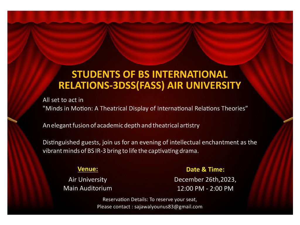 noor_ul_huda_22's tweet photo. 📣🚨: Gear-up everyone because BSIR-III will be presenting a #politicaltheatre tomorrow at Air University , Islamabad. Our theatre display revolves around the topic: Minds in Motion :A theoretical display of IR theories. So be ready for the 🎉🎁….
@fass_air 
@Syed_Sabir_ https://t.co/uGDNsFbwFO