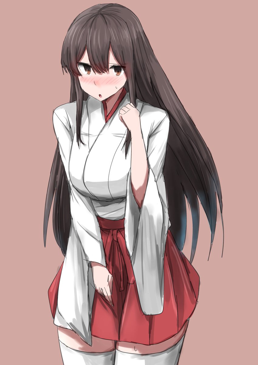 akagi (kancolle) 1girl solo long hair thighhighs japanese clothes white thighhighs brown eyes  illustration images