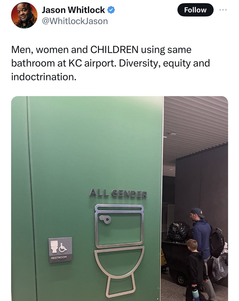JusticeHorn_'s tweet image. Inclusive spaces benefit everyone. The Kansas City International Airport’s all gender, single stall facilities benefit everyone. They’re just like the bathroom at your home, on the plane, and a porta potty—a single stall, all gender bathroom.