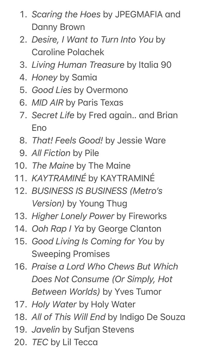 Merry Christmas! Unless something astounding gets released this week, these are my favorite albums of 2023.

Best songs playlist: open.spotify.com/playlist/7vMQM…