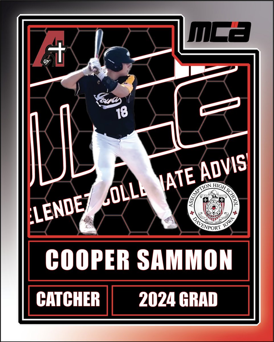 MelendezCollAdv's tweet photo. Introducing our newest client Cooper Sammon from Assumption High School in Davenport, IA. A strong catcher with the ability to hit for power. #mcabaseball #collegebaseball #collegeadvising #bethe7% #assumptionbaseball https://t.co/siEZU4Zflq
