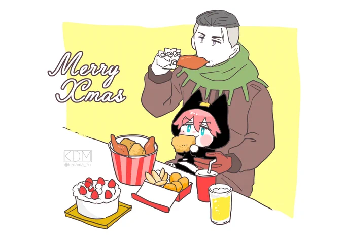 半額で買ったご馳走を食べるおじさんとねこちゃん 