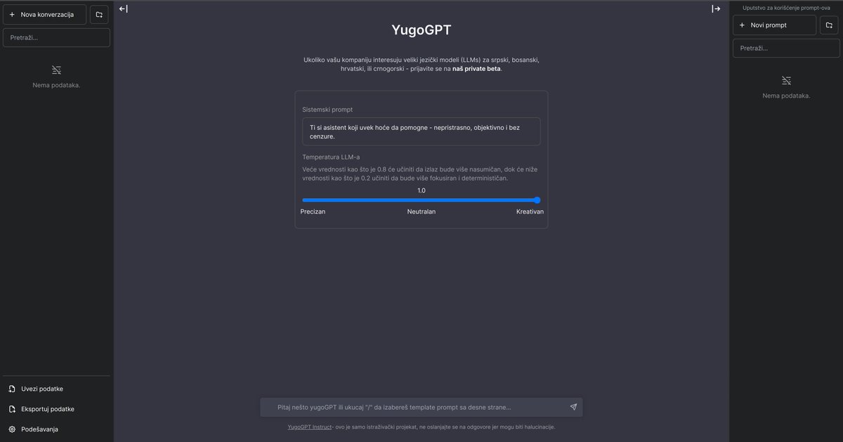 gordic_aleksa's tweet photo. 🚀 I'm happy to announce that YugoGPT-Chat is now available: https://t.co/ToHEhbuB9c

I recently announced that the model outperformed Mistral & LLaMA 2 for Serbian, Bosnian, Croatian, and Montenegrin and now you can play with it in our playground app.

Couple of things to bear in mind:

* It's still a research preview and only the first iteration of our model - it will get much better over the incoming months

* It's still not optimized for multi-turn conversations -> so if it gets stuck saying the same thing, start a new conversation

* We'll be monitoring usage, collecting feedback and we'll open-source the base model weights in January next year!

Also a good moment to announce that I started Runa AI together with @TobyFarmer - who was involved in the no language left behind project back at @AIatMeta and took machine translation research systems to production at a massive scale as a product lead. Funny how my Open-NLLB project led to this. :)

We believe that AI should serve every language, and we are building multilingual GenAI/foundational models for enterprise.

Our next step will be to raise seed funding, in order to accelerate, get a GPU cluster and build an enterprise LLM platform.

If your company wants to use YugoGPT please reach out!

Finally, happy xmas to those that celebrate - I'll just say that next year will be fun. :)