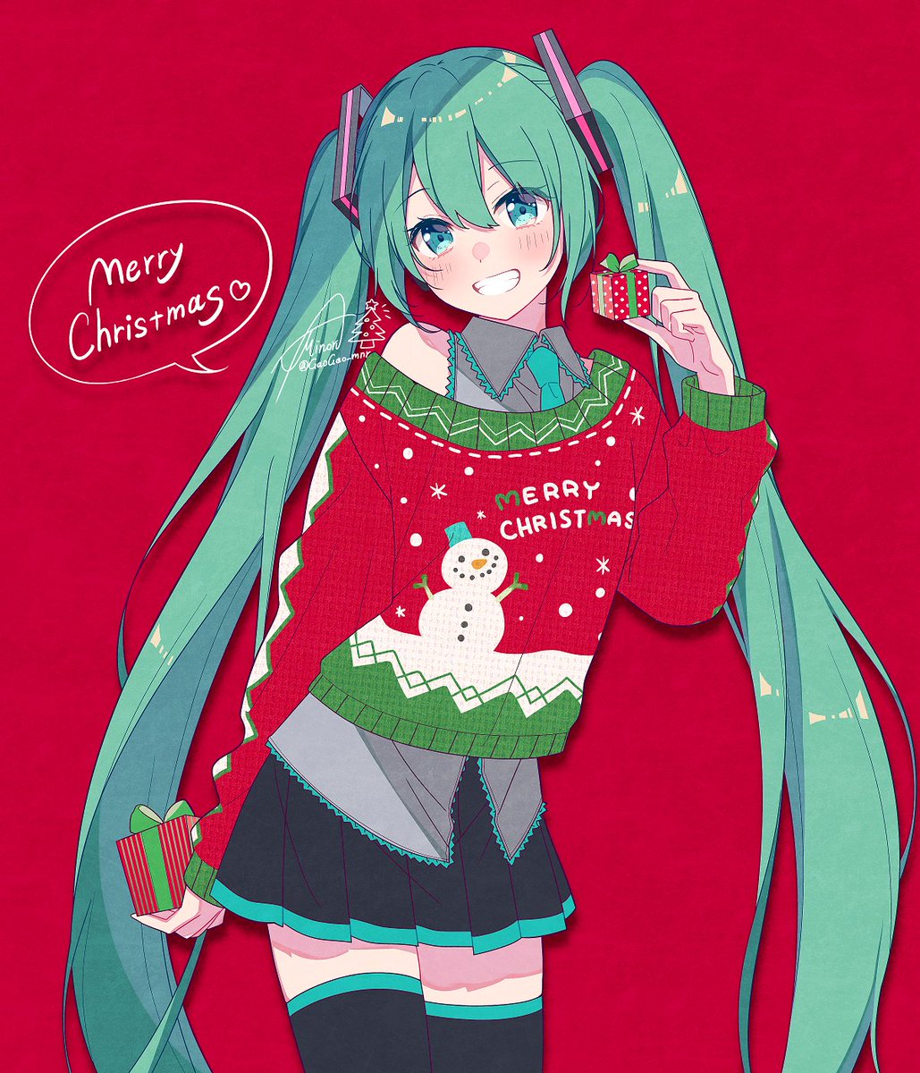 hatsune miku 1girl one eye closed solo twintails red background long hair merry christmas  illustration images