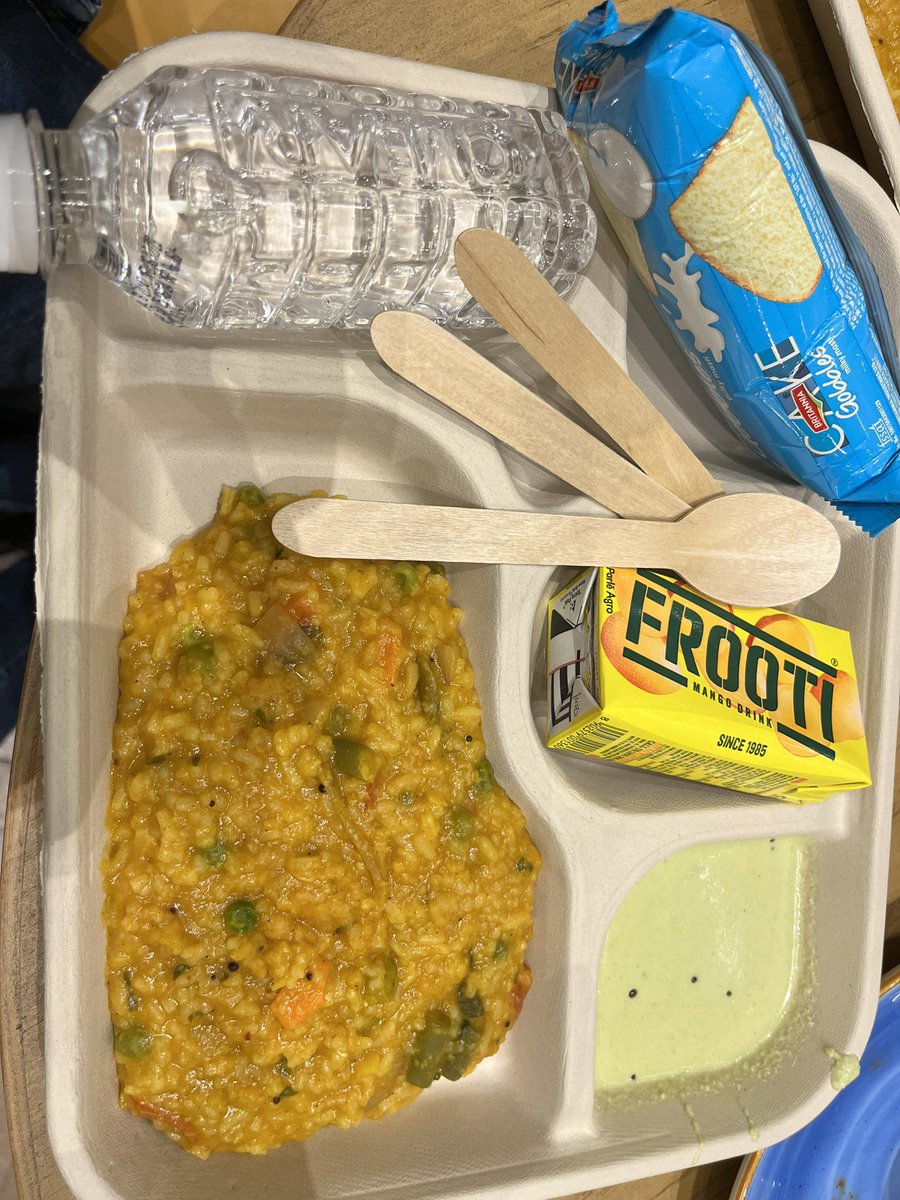 SeshnagP's tweet photo. @AirIndiaX They started now at 4:08 pm and the food served is this as photo. It’s khichri after 1hr of wait after the scheduled time https://t.co/qOAvLFDAwj