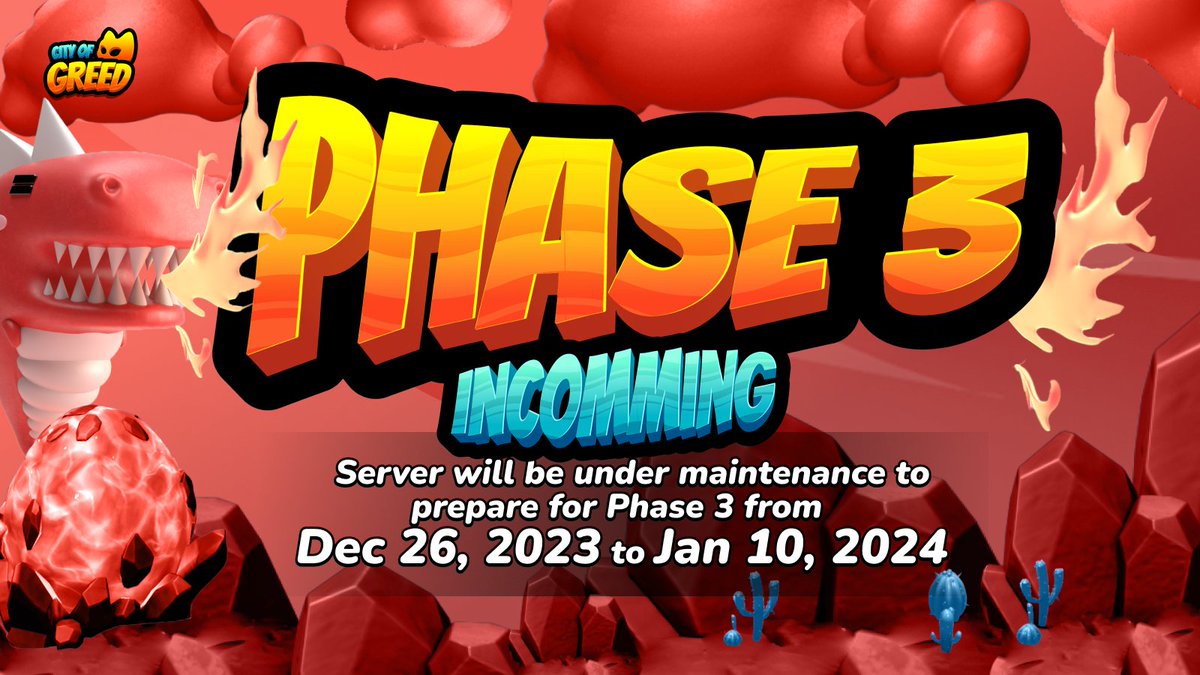 accel3_gaming's tweet photo. City of Greed Phase 3 will launch on Jan 10, 2024!

Dear Nekozens,

Merry Christmas to you all! We're thrilled to share that our team has been hard at work prioritizing Phase 3 production, and we're excited to announce its launch on January 10, 2024. 

🗓️Maintenance period
The Play&Earn mode will be under maintenance from 26/12/2023 - 10/01/2024. 

While the update is underway, the training mode and a special New Year Event "NekoYear Showdown" will be open for our players to practice and celebrate the new year 2024 before diving into the exciting features of Phase 3 and the new economy.

We appreciate your patience, and once again, Merry Christmas! Wishing you all a warm and joyous holiday season with your loved ones.

📜Details: https://t.co/dzNZSoYoif