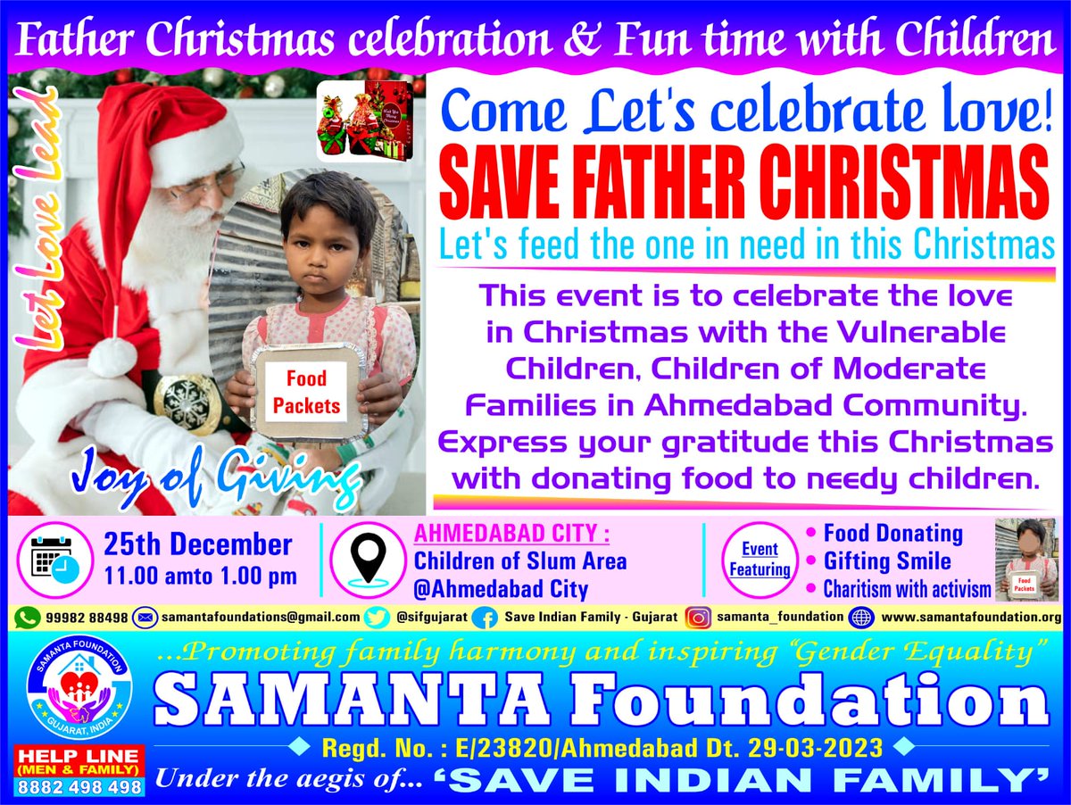 Wishing you all #MerryChristmas
Our '#SamantaFoundation' celebrated #FatherChristmas festival in Vadaj, Ahmedabad on 25th Dece.
@BIbhopal
@DaamanNGO
@HridayaNFH
@InsaafNGO
@sifngp
@sifchandigarh
@SIFChtg
@SIFKtka
@SIFHYD
@SifAgraTigers
@SFFNGO
@MenWelfare
@vaastavngo
@sifgujarat