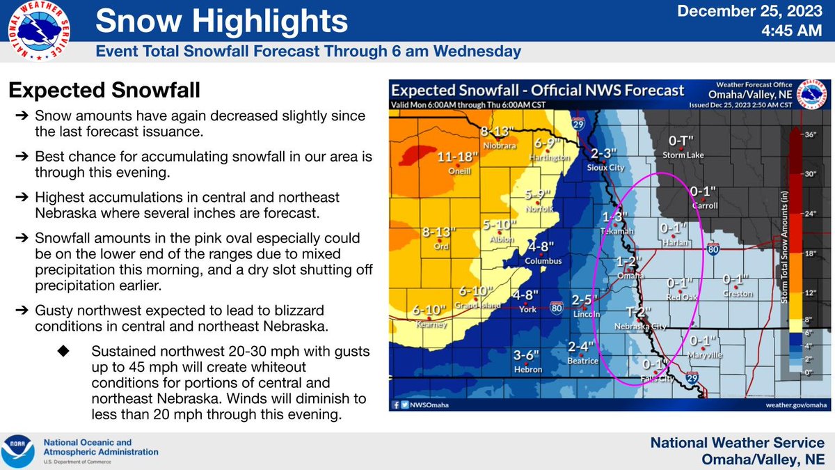 Updated snowfall forecast across the region. Highest amounts forecast for central and northeast NE where several inches of snow are expected, along with blizzard conditions. Amounts in the Missouri River valley might be on lighter side.