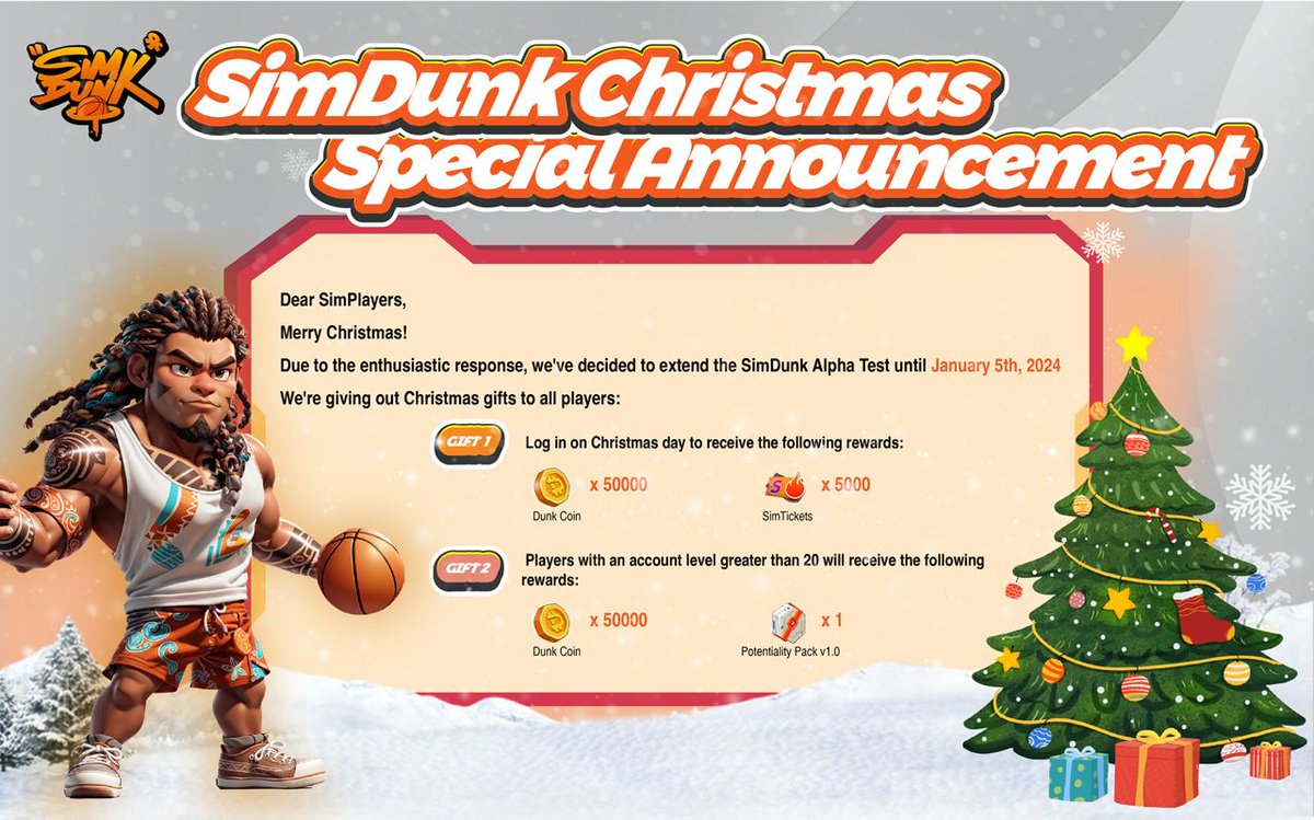 SimDunkOfficial's tweet photo. Merry Christmas !!🎅🎄🎁

Due to the enthusiastic response, we've decided to extend the SimDunk Alpha Test until January 5th. The game server will now close on January 5, 2024, at 10:00 am (UTC).

we're giving out Christmas gifts to all players today.  

Enjoy the holidays ! https://t.co/bgWztJTNms