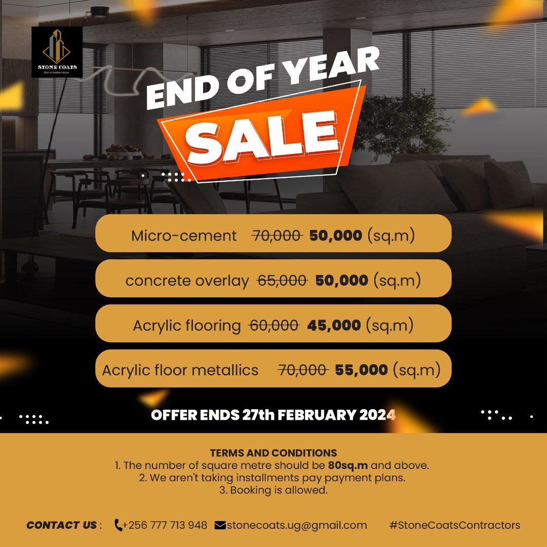stone_coats's tweet photo. Ladies &amp; gentlemen, we bring you more good news amidst the celebrations. Discount ku Discount is the way to go. 🥳🥳🥳

Contact us today:
☎️+256 777 713 948
📩 stonecoats.ug@gmail.com

#StoneCoatsContractors https://t.co/M9Y294JjMx