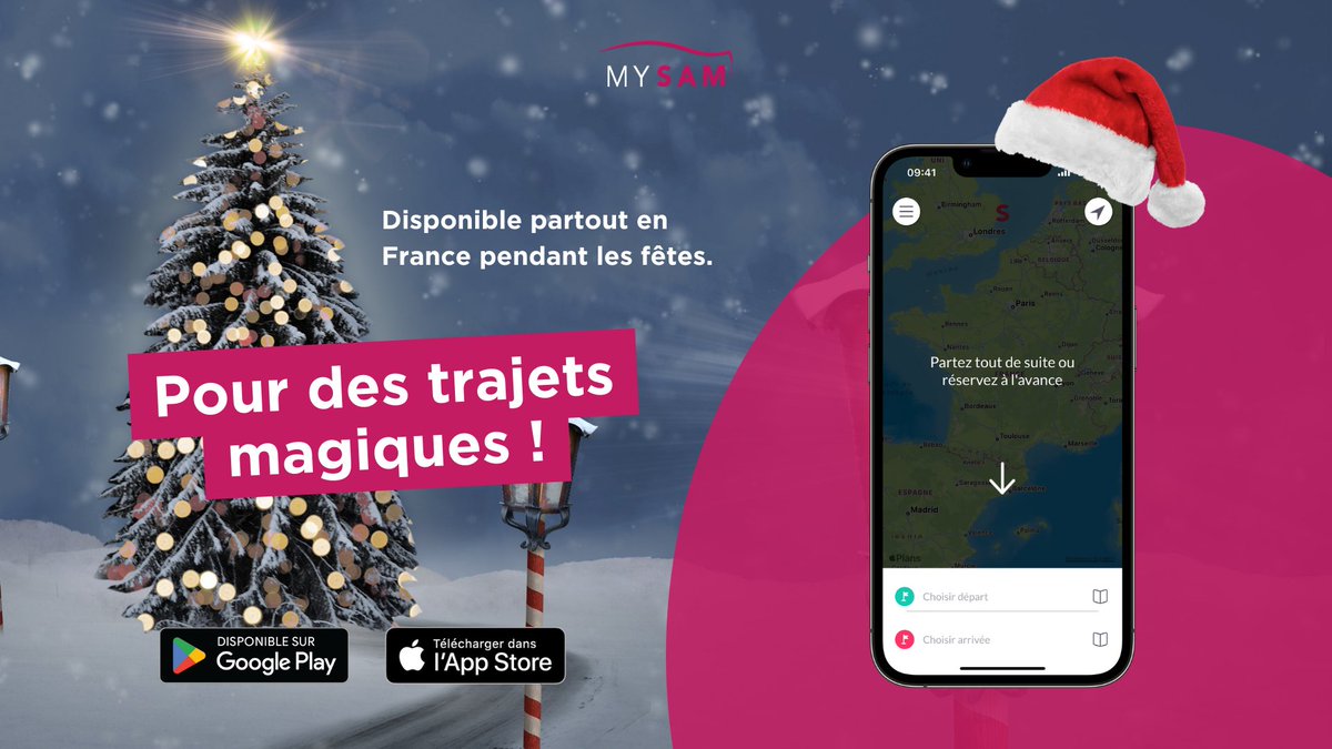 MysamCab's tweet photo. Déplacez-vous dans l'esprit festif de #Noël avec My Sam ! Téléchargez l’application mobile et réservez votre #VTC dès maintenant ; célébrez les fêtes avec vos proches 🎄✨ Joyeuses fêtes à tous 🎅 https://t.co/Bl8VX2x7QG