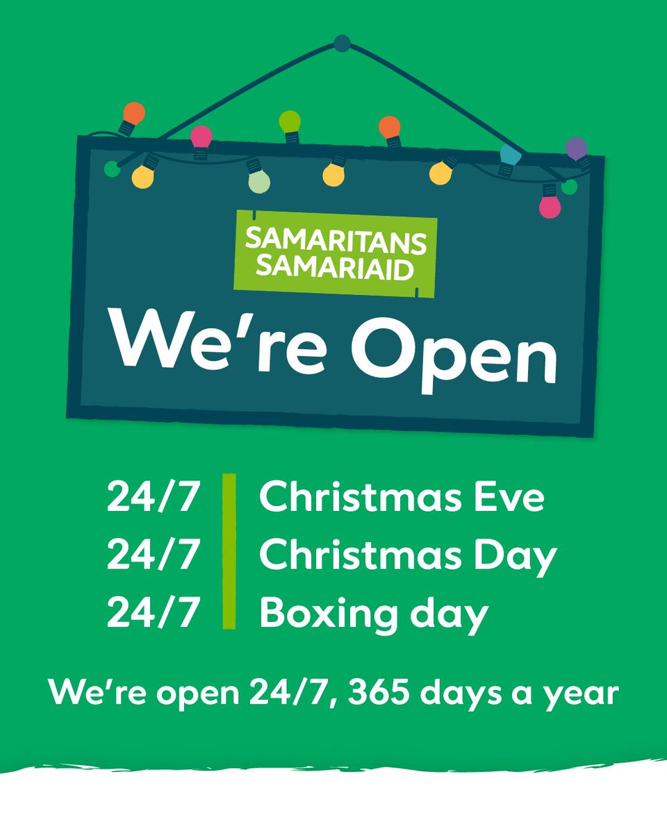 SamsNewport's tweet photo. Whatever you’re facing this festive season

We’re here to listen 💚

Call free day or night on 116 123 or call our Welsh

language line free on 0808 164 0123 (open 7pm –

11pm every day)

📩 Email jo@samaritans.org https://t.co/53FAi44UqY