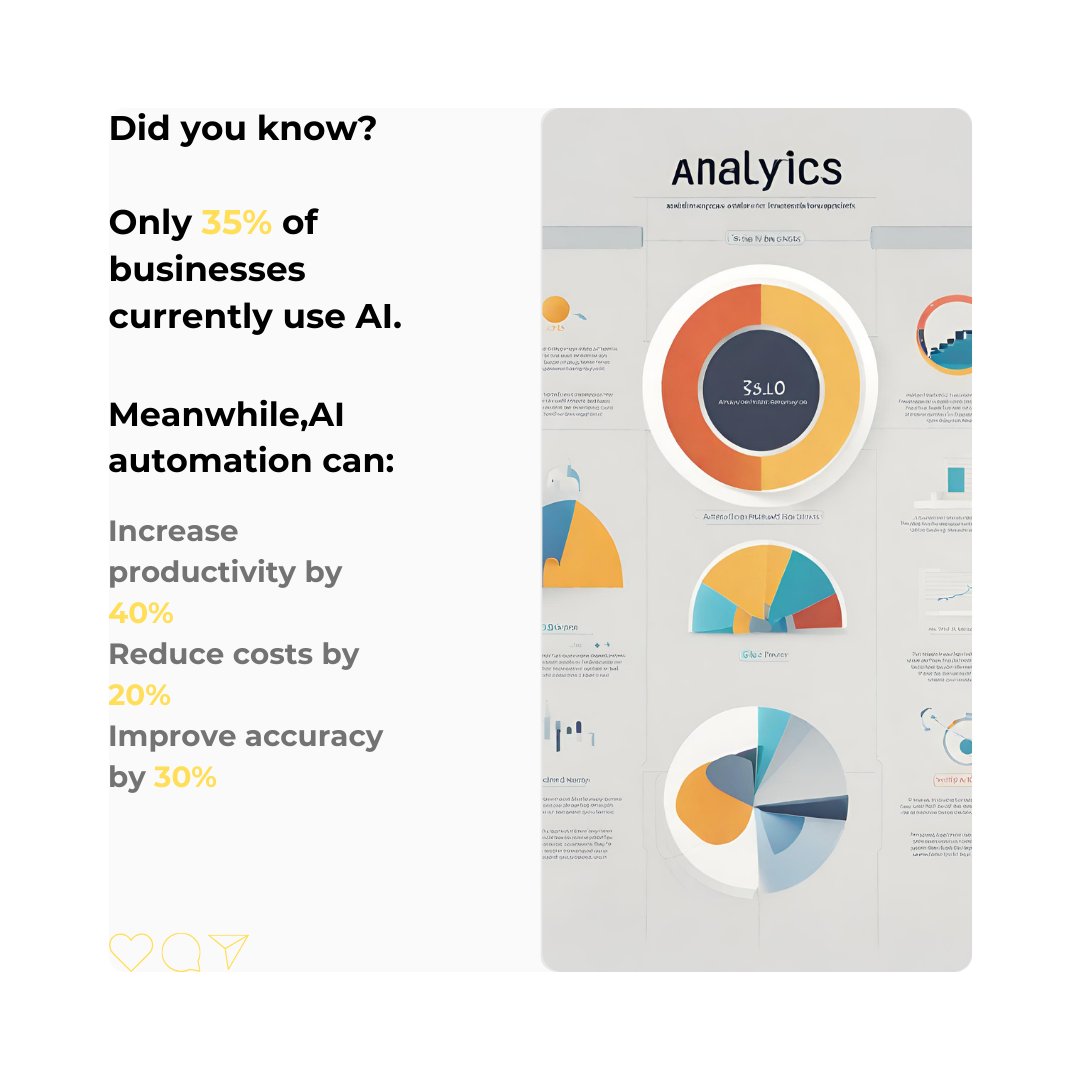 ZenautomateZen's tweet image. Only 35% of businesses have embraced AI - are you missing out? AI automation unlocks 40% MORE productivity, 20% LOWER costs, and 30% SHARPER accuracy.Ready to say goodbye to endless paperwork and hello to growth? Let&apos;s talk!
#ArtificialInteligence #ChatGPT4 #googlegemini #agency
